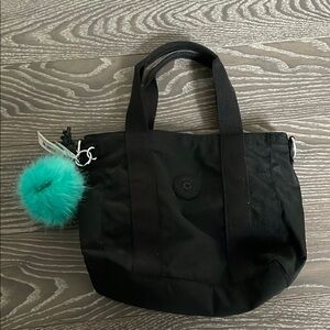 Kipling Black Tote Bag with Textured Fabric and Pom Pom Charm